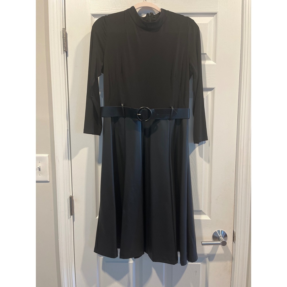 Calvin Klein Black Faux Leather Mixed Media Belted Midi Dress 12 Long Sleeve